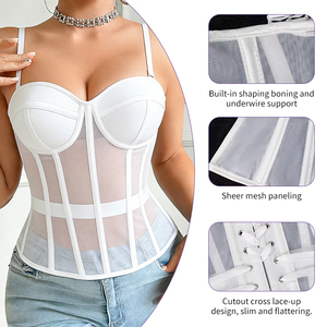 Lace up Mesh <strong>Beige</strong> Bustier Transparent Fabric <strong>Corset</strong> Tops for Women - Product Image 4