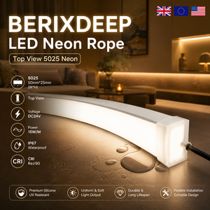 BERIXDEEP Top View 5025 Corde néon DC24V <span class=keywords><strong>15W</strong></span>/M Étanche IP67 Bande néon en silicone flexible pour éclairage d'ambiance - Product Image 1