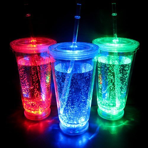 Factory High Quality Promo Double Wall Big Straw Hole Led Plastic Tumbler To-go Cup With Color Changing Led Lights