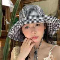 Sombrero de Pescador a Cuadros Blanco y Negro para Mujer, Estilo Coreano INS, Ala Ancha, Protección UV, Cubre Rostro, Sombrero para el Sol