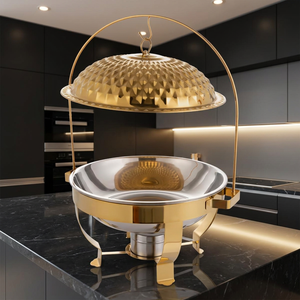 Chauffe-Plat Rond en Acier Inoxydable Doré avec Couvercle Dôme Suspendu – Réchaud de Buffet de Luxe pour Hôtels et Traiteurs - Product Image 5