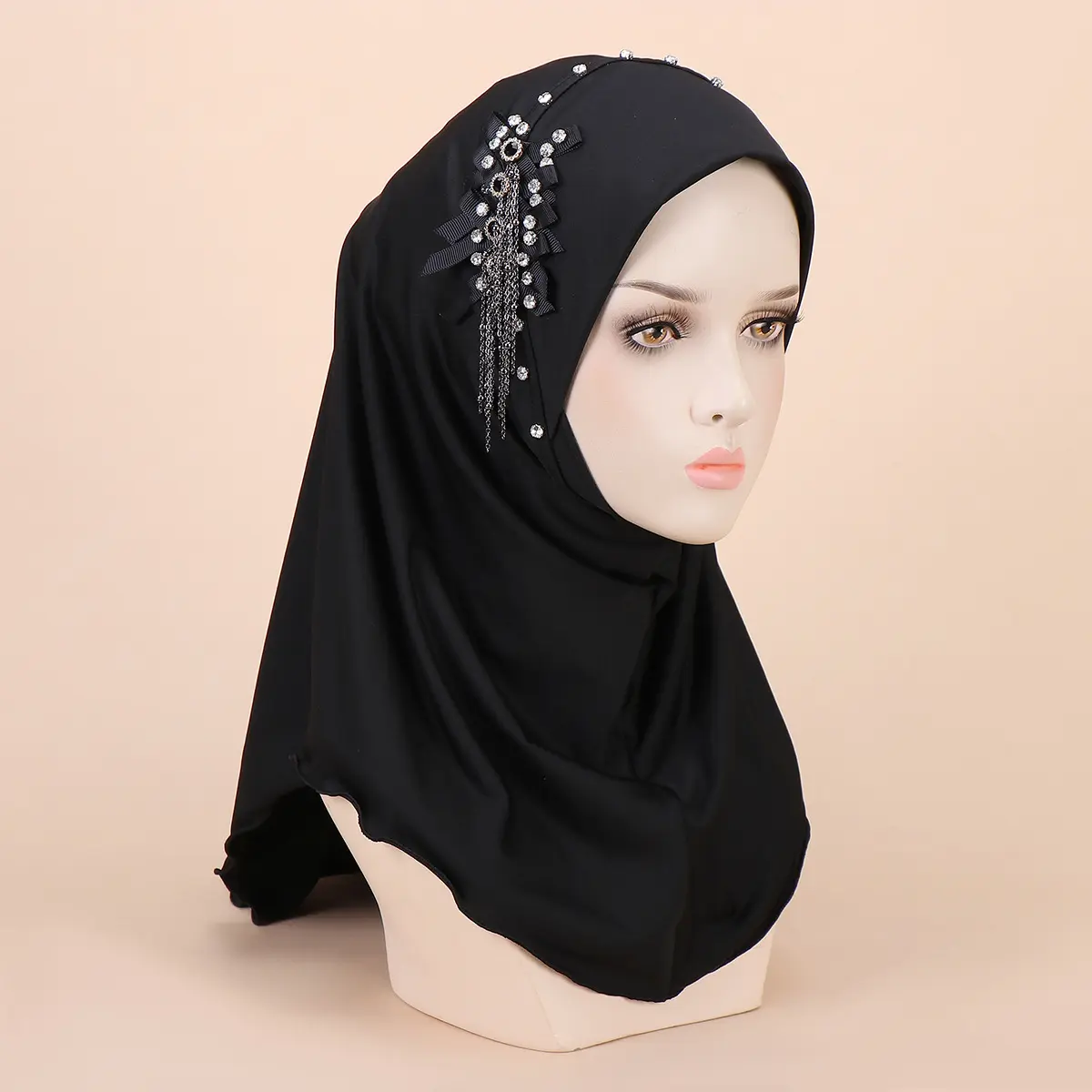 2024 mode butik desain baru syal dengan zirkon titik hitam poliester Hijab wanita Muslim