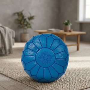 Round Blue Genuine <b>Leather</b> Pouf <b>Cushion</b> <b>Cover</b> Handmade Bohemian Style Stitched Design Zipper Closure Customizable Home Decor - Product Image 2