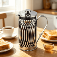 Cafetière à piston manuelle de style français moderne, pot en verre résistant à la chaleur avec poignée et bouton à peinture par transfert d'eau