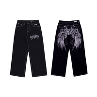 Jeans en denim de créateur de haute qualité, coupe large et ample, noir, avec logo imprimé DTG personnalisé sur une grande surface