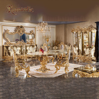 Ensemble table et chaises de salle à manger ovale de style européen classique turc ; Table de salle à manger extensible en bois massif doré élégante, hôtel, villa