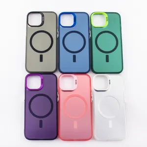 Wholesales Hardware camera lens frame transparent color 2 in 1 with magnetic suction mobile cell Phone case cover for iphone 15
