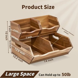 Cesta de almacenamiento compartimentada de doble capa de madera con asa para frutas, verduras y uso en la cocina, 35.5x25.4x25.9cm - Product Image 2