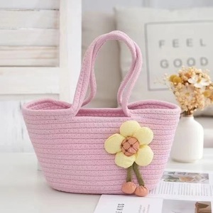 Cotton Thread Woven Tote Bag With Flower Decor Gift Basket Storage Basket Eco Friendly Handbag For Party Gifts - Product Image 3