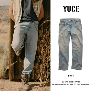 <span class=keywords><strong>Jean</strong></span> en denim délavé <span class=keywords><strong>coupe</strong></span> <span class=keywords><strong>droite</strong></span> vintage personnalisé YUCE, <span class=keywords><strong>jean</strong></span> décontracté pour homme, <span class=keywords><strong>jean</strong></span> baggy classique bleu clair 14oz - Product Image 2