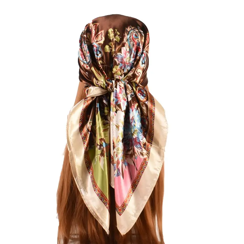 Оптовая продажа, атласный Шелковый платок 90x90, хиджаб с принтом пейсли, Заводские шарфы на голову, Женская шаль, мусульманский хиджаб