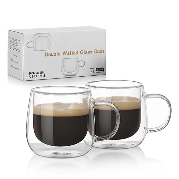 2pcs Cup Set 300ml Clear Handmade Double Wall Glass Coffee Mugs With Handle