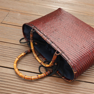 Handmade Bamboo Woven <b>Tote</b> Bag Solid Color <b>Canvas</b> Lining Japanese Style Women's Handheld Crossbody Bag - Product Image 3