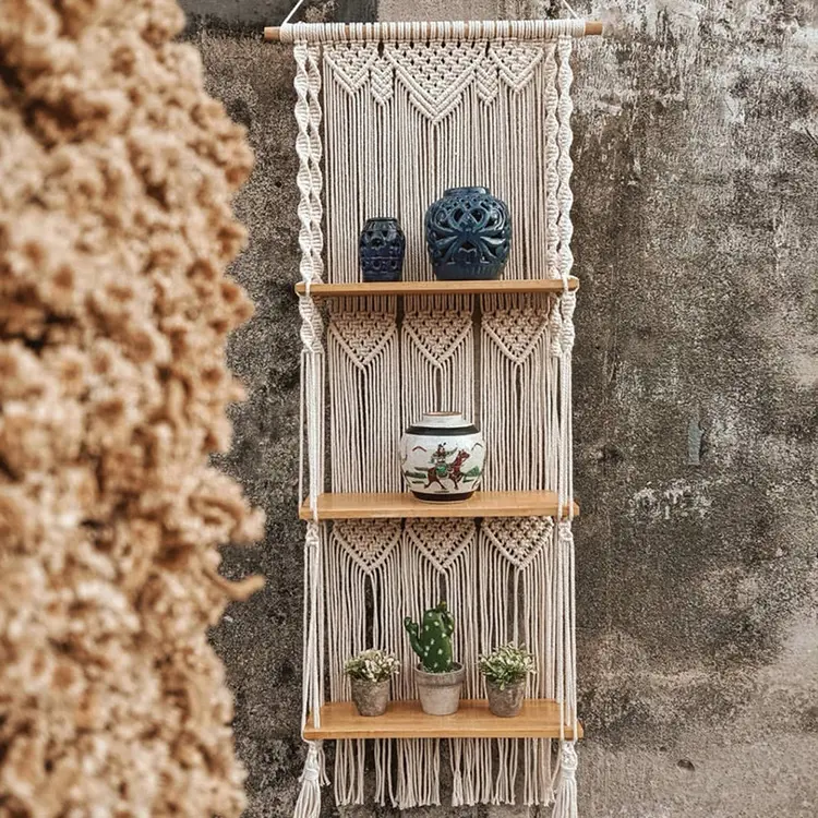 ชั้นแขวนผนังทำจากไม้ macrame ที่วางกระถางต้นไม้2ชั้นสำหรับตกแต่งบ้านตามสั่ง