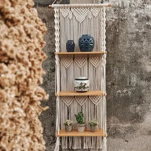 Custom Made Home Decor 2 Tier Rack Flower Pot Titular Tecido Macramé Madeira Parede Pendurada Prateleiras