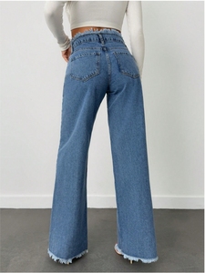 <span class=keywords><strong>Taille</strong></span> haute 100% coton Simple Denim Jeans pour femmes grandes poche avant frange garniture décontracté Fit Jeans Non extensible Pantalon - Product Image 5