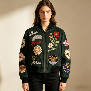 Custom <strong>Vintage</strong> Motorsport <strong>Women's</strong> Green Floral Suede Bomber <strong>Jacket</strong> with Embroidery Reversible Eco-Friendly Autumn Varsity <strong>Jacket</strong> - Product Image 2