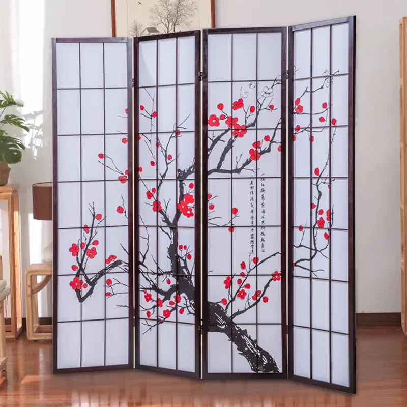 Plum blossom หน้าจอพับกรอบไม้ Divider สำหรับตกแต่งบ้าน