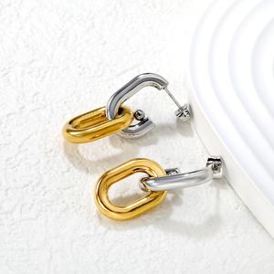 Elegantes Pendientes Retro Chapados en Oro de 18K con Diseño Geométrico y Cadena de Dos Tonos, Joyería de Acero Inoxidable - Product Image 3