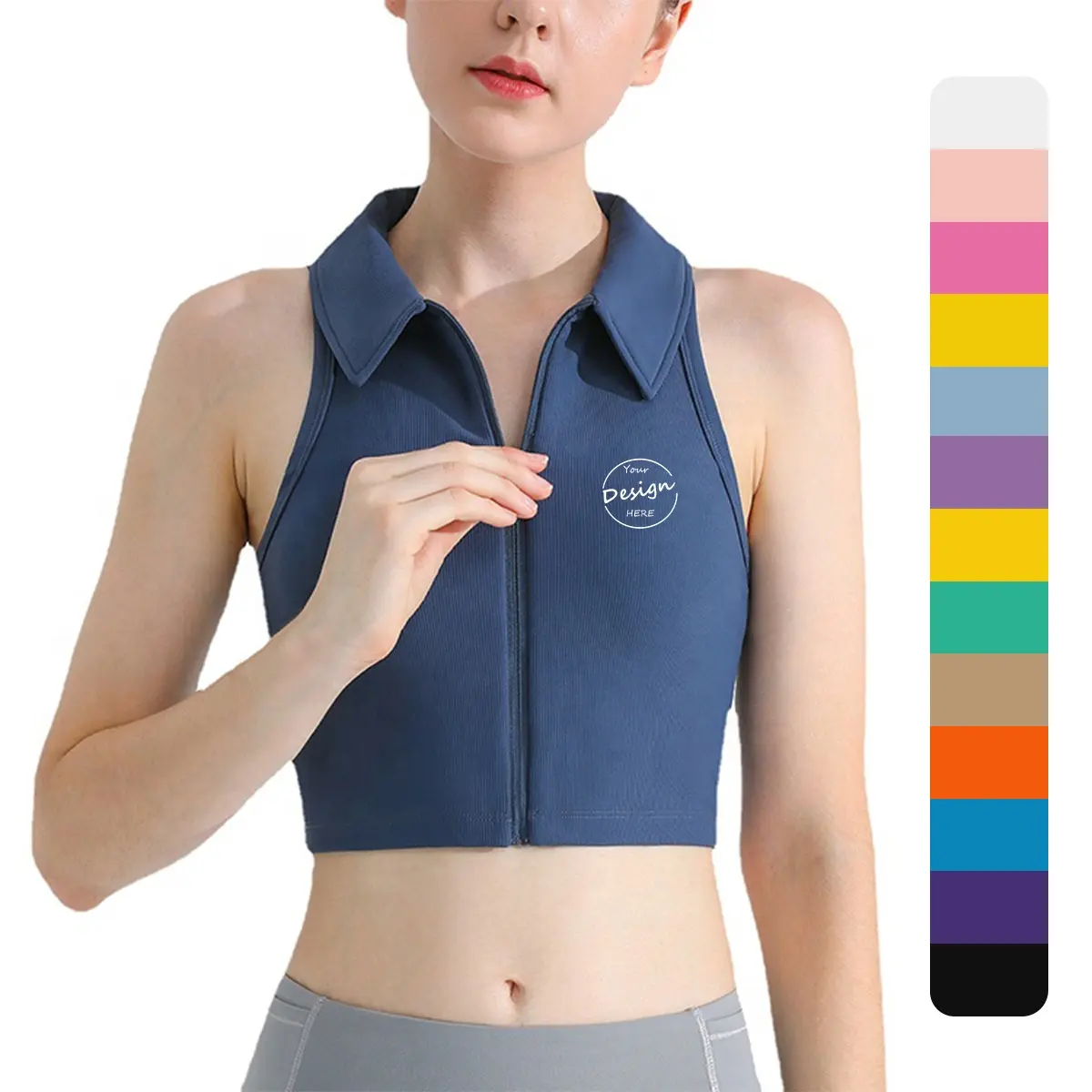 Grosir Terbaru Desain Ritsleting Depan Pakaian Yoga Tank Top untuk Wanita Mode Polo Kerah Kualitas Tinggi Crop Top Cetak Kustom Logo Rompi