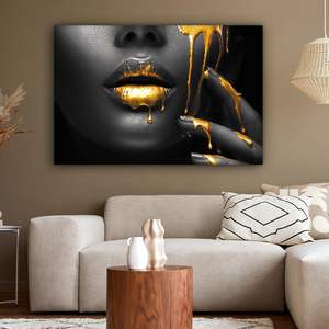 MuchoWow Art mural sur <span class=keywords><strong>toile</strong></span> moderne noir et or avec visage et lèvres, 120x80cm, décoration pour salon et chambre, cadeau - Product Image 4