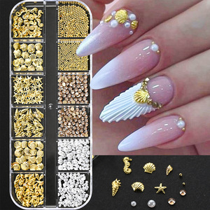 Wholesale Nail Accessories 12 <b>Grids</b> Sea Style Sea Star Charms Pearl Rhinestone Nail for Summer Nail Decoration - Product Image 1
