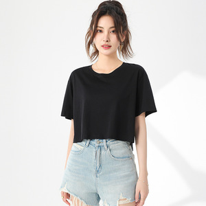 Custom Logo Cotton Silk Blend Cropped T-Shirt Women Solid Color Short Sleeve Breathable Loose <b>Crop</b> <b>Tops</b> - Product Image 3