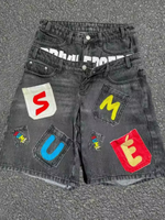 Shorts en jean droits Y2K pour homme, style designer, avec décoration en diamant, coupe droite, délavés à l'acide, noirs, pour l'été, streetwear