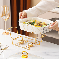 Réchaud à buffet en céramique de luxe léger de 2 litres, chauffe-plats, chauffe-plats en porcelaine, support doré, plats de service