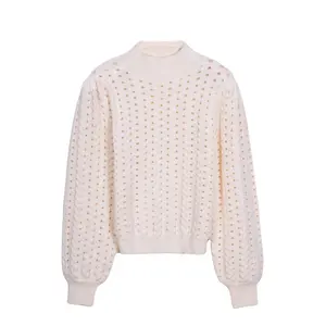 Customized 100% Cotton Yarn Wool Round Neck Crochet Knitted Women's Sweater Fashion Hollow Long Sleeve Sweater for Women