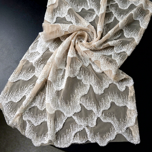 <b>White</b> Beaded Plain Woven Tulle <b>Lace</b> <b>Fabric</b> with Wave Pattern Embroidered Lightweight 70GSM for Wedding Girls - Product Image 1