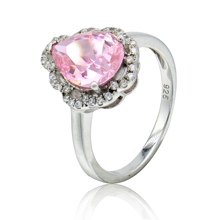 Anel luxuoso de prata esterlina, grande pedra preciosa, joia feminina, anéis de zircônia cúbica rosa