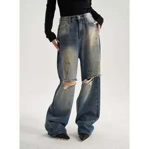 Calça jeans reta solta estilo rua rasgada para mulheres emagrecimento Hip Hop Calças