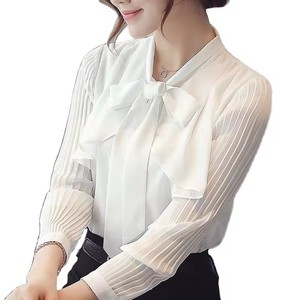 Blusa de Gasa Elegante para Oficina de Último Diseño Coreano con Lazo para Mujer <span class=keywords><strong>en</strong></span> Color Sólido de Manga Larga Estilo Casual con Logo Interior Blanco - Product Image 1