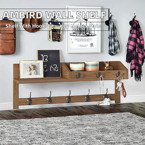 Porte-manteau mural vintage en bois grainé avec 1 étagère, 5 crochets doubles et porte-clés pour l'entrée - Product Image 3