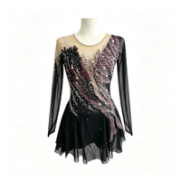 Robe de patinage artistique noire, dos en V profond, manches longues en maille, strass, costume de performance pour enfants et adultes, compétition