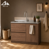 Meuble de lavabo en noyer avec plan de travail en acier inoxydable, panier à linge extractible, armoire de rangement pour buanderie, taille personnalisée