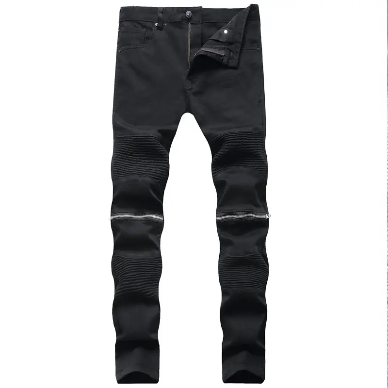 Jeans elasticizzati da moto da uomo di nuova moda Pantaloni in denim taglie forti da uomo neri pieghettati
