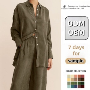 ODM Set di <span class=keywords><strong>camicia</strong></span> da <span class=keywords><strong>donna</strong></span> di moda autunnale personalizzato ampio <span class=keywords><strong>oversize</strong></span> Casual da <span class=keywords><strong>donna</strong></span> a maniche lunghe abito di <span class=keywords><strong>lino</strong></span> verde militare <span class=keywords><strong>camicia</strong></span> e pantaloni Set - Product Image 1