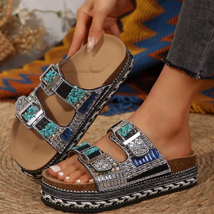 Nuevas sandalias de playa de verano para mujer, talla grande, con suela gruesa, doble hebilla y pedrería, de corcho, para comercio transfronterizo. - Product Image 6