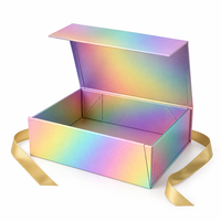 Boîte cadeau holographique de luxe avec couvercle magnétique et ruban, finition irisée, pliable, en stock, vente en gros pour la beauté