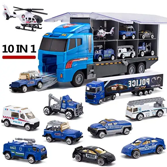 Truk transportasi polisi 10 dalam 1, Die-Cast Mini kendaraan bermain plastik dalam pembawa mobil mainan Set mobil Mini untuk anak-anak laki-laki