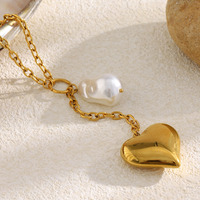 Collier étanche en acier inoxydable plaqué or 18 carats avec chaîne en Y, pendentif cœur à pompon et perle baroque, bijoux pour femme