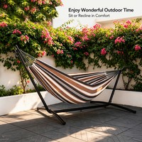 Hamac portable réglable en hauteur avec support, barre de maintien en bambou, et bâche inclinable pour jardin, patio, balcon