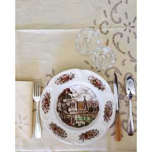 Light Yellow Linen Wedding <b>Tablecloth</b> with Cutwork and 12 Napkins Striped Rectangle/Square Design for Dining Room for Hotels - Product Image 1