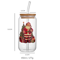 Lot de 4 tasses cylindriques de Noël en verre de 450 ml avec couvercle en bambou et paille en verre, motif bonhomme de neige, pour café, jus, eau, idéal pour les cadeaux de fête