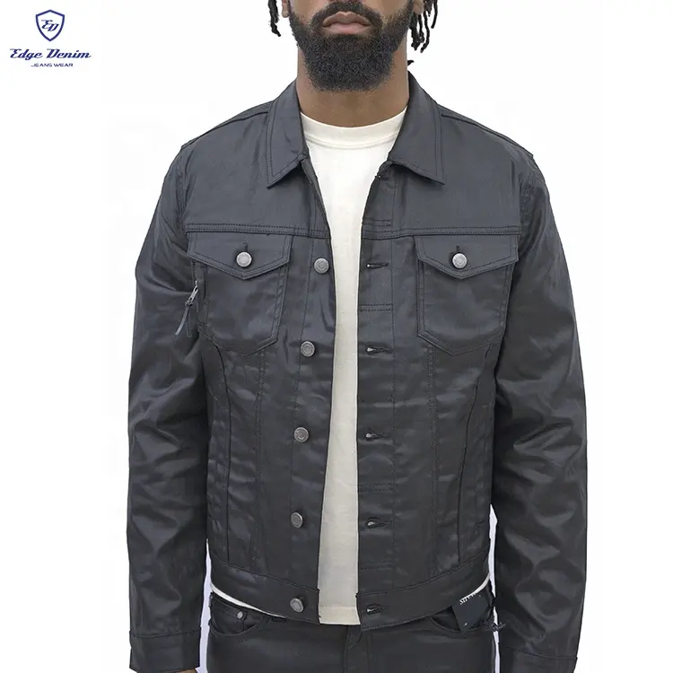 Edge Denim custom black leather wax waxed coat jeans denim men jacket for men