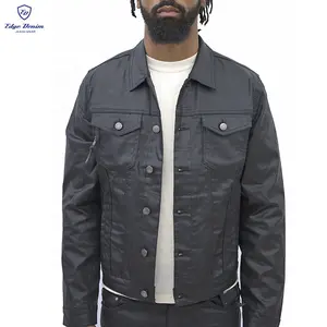 Edge Denim-chaqueta vaquera personalizada para hombre, abrigo encerado de cuero negro