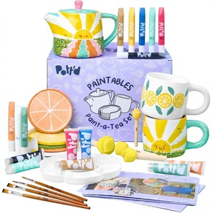 New Pott'd Paintables Ceramic Paint-a-Tea Set <strong>DIY</strong> Pottery Painting <strong>Kit</strong> for Adults-Teapot Paints Brushes Cartoon Lemon Yellow - Product Image 1