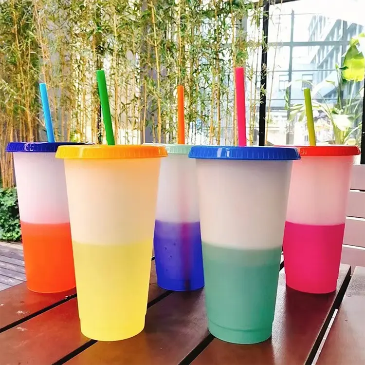 Temperature Color Changing Plastic Cups 24OZ Custom Logo Cold Coffee Tumbler Color Changing Cup With Lid And Straw